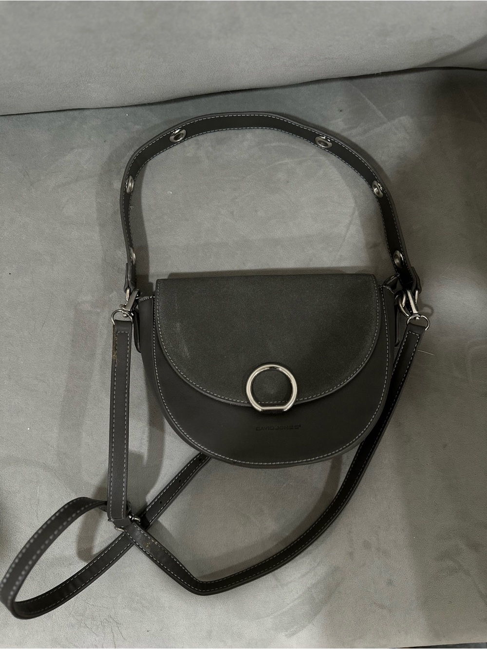 David jones gray Saddle Crossbody Bag with Silver Ring Accent